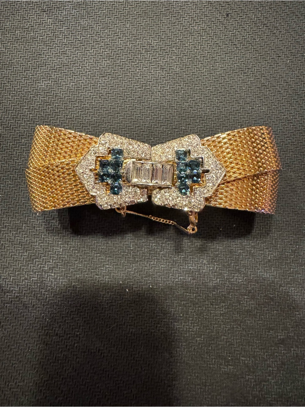Marcel Boucher Art Deco Gold Tone Mesh & Blue Crystal Bow Buckle Bracelet